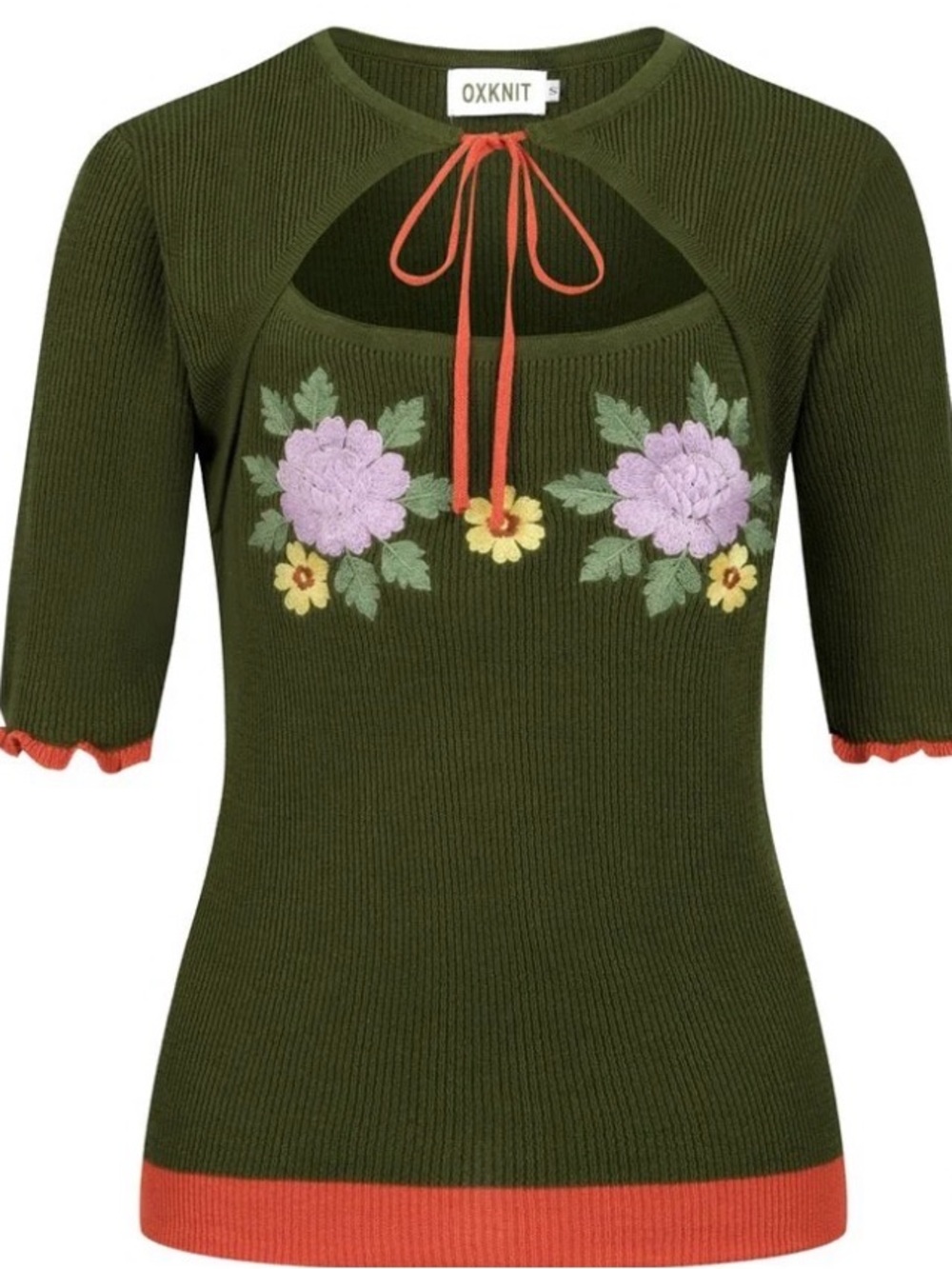 OXKNIT Olive Green Floral Embroidered Knit Top – Coral Trim – NWT